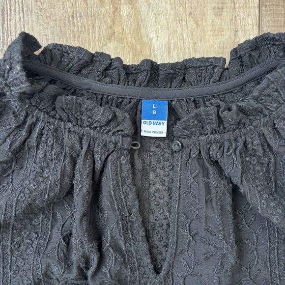 Old Navy Womens Black Floral Embroidery Blouse L Black Sheer Boho Flowy Cruise - Picture 4 of 13
